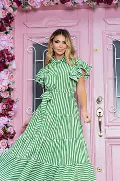 Vestido Maxi Mídi Crepe de Seda Listras Verde -Cristina - loja online