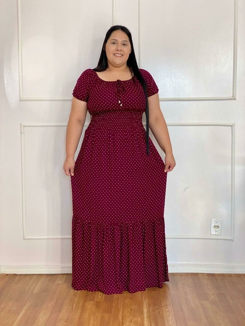 Vestido Ciganinha Longo Vinho Mini Poá - Juliana