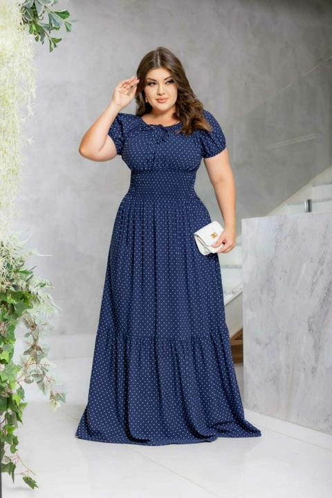 Vestido Ciganinha Longo Azul Marinho Mini Poá - Juliana