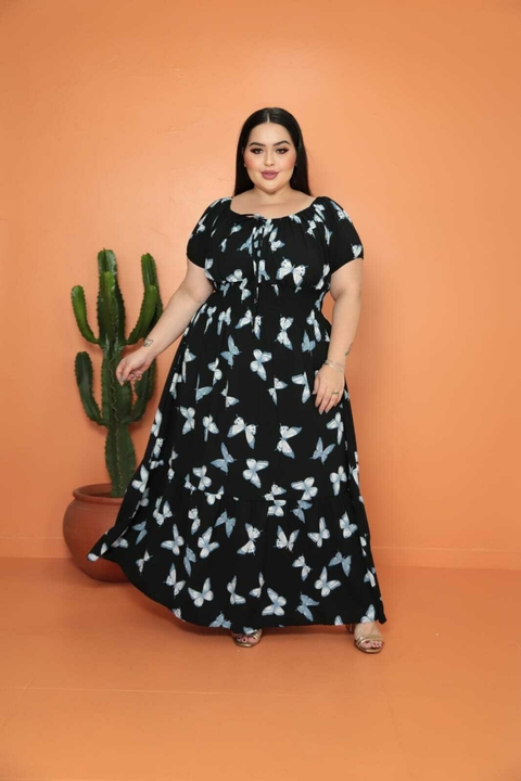 Vestido Ciganinha Plus Size Longo Preto Borboleta - Suzana