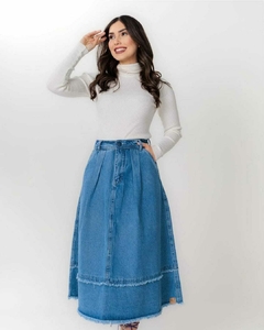 Saia Jeans Maxi Mídi Barra Destroyed - Helena na internet