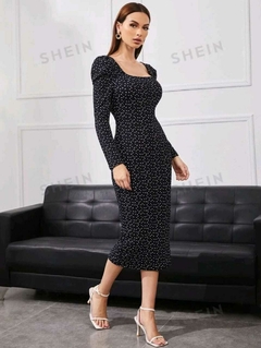 Vestido Tubinho Azul Manga Longa Estampa Coração - comprar online