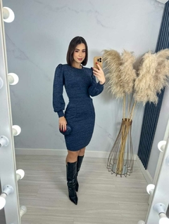 Vestido Reto Manga Longa Tecido Aspem Marinho - Sabrina