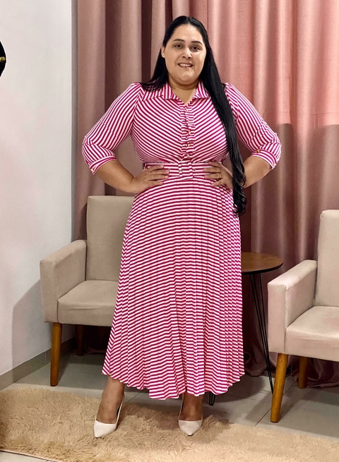 Vestido Maxi Midi Plissado Listrado Pink- Diva - comprar online
