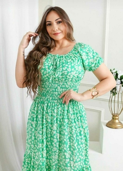 Vestido Ciganinha Manga Flare Floral Verde Água- Luana - A Vitoriosa Moda Feminina Modesta 