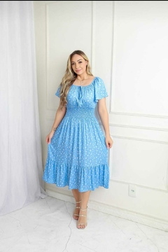 Vestido Ciganinha Azul Bebê Mini Floral Manga Flare - Luana - A Vitoriosa Moda Feminina Modesta 