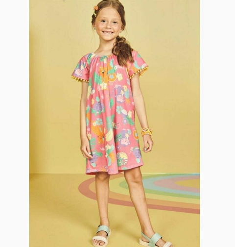 Vestido Infantil Manga Curta Pompom Animais Folhagem Babado