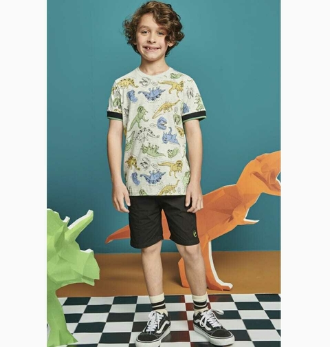 Conjunto Camiseta Dinossauro Meia Malha Short Sarja Infantil