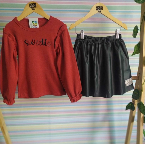 'Conjunto Menina Blusa Punto Point Short/ Saia Couro