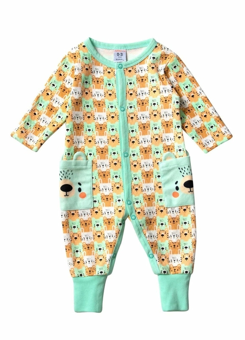 Macacão Infantil Bebê Estampa Bichos Fofinhos – Tam. 0 a 3 meses – Esmeralda e Off White