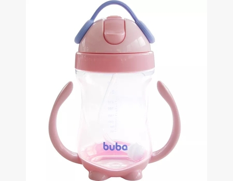 COPO COM ALÇA PARA BEBÊ COM CANUDO EM SILICONE 300 ML BUBA - ROSA