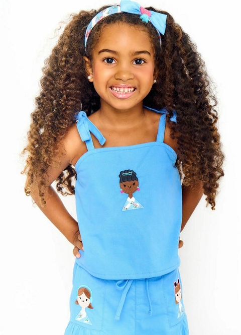 Conjunto Infantil Menina Bata + Pantacourt Estampa Eu Amo Frutinhas – Tam. 2 a 12 anos – Azul
