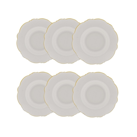Cj 6 Pratos Fundos de Porcelana Branca Maldivas C/Filete Dourado 23cm Wolff