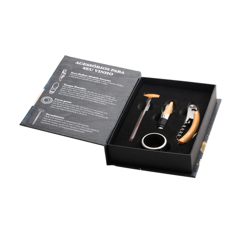 Kit P/Vinho de Aço Inox Amadeirado C/Caixa 4 Peças Bon Gourmet