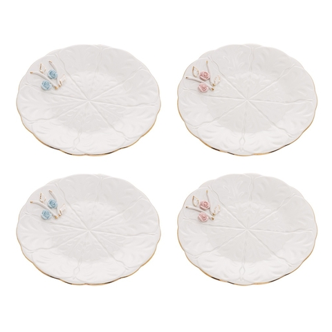 Cj 4 Pratos Rasos P/Sobremesa de Porcelana Branca Flower Design Plate Colorido 19cm Wolff