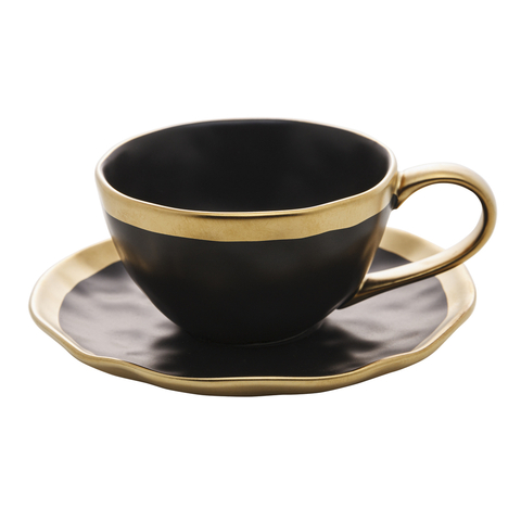 Xícara P/Chá C/Pires de Porcelana Preto Fosco/Dourado Dubai 200ml Wolff