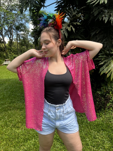 Kimono Paetê Carnaval Rosa Pink Holográfico - comprar online