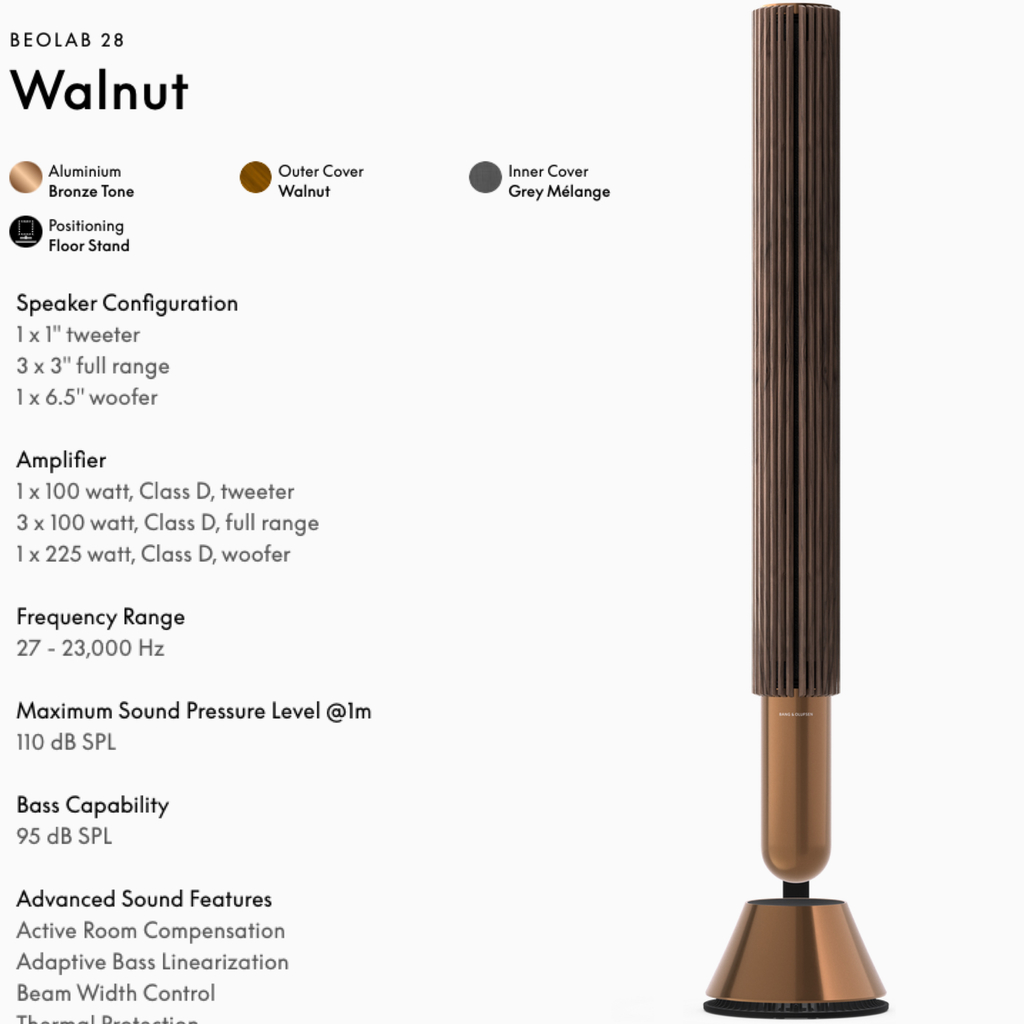 Bang & Olufsen Beolab 28 l Walnut Oak l Wireless Stereo Speakers for Home Cinema l Som Estéreo de Grau de Estúdio l Aparências Elegantes l Grave Poderoso l 1.250 Watts l Wi-Fi & Bluetooth l Chromecast & Google Assistant Integrados l Compatível com Apple 2 & Spotify Connect l Recomendado para áreas de 15m² até 50m²