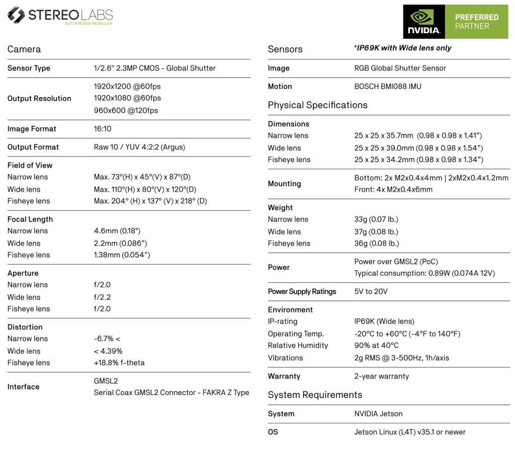 Stereolabs ZED X One S Camera , GMSL2 , Narrow Lens , Compatível com Nvidia Jetson Orin , ZED-413012 - tienda online