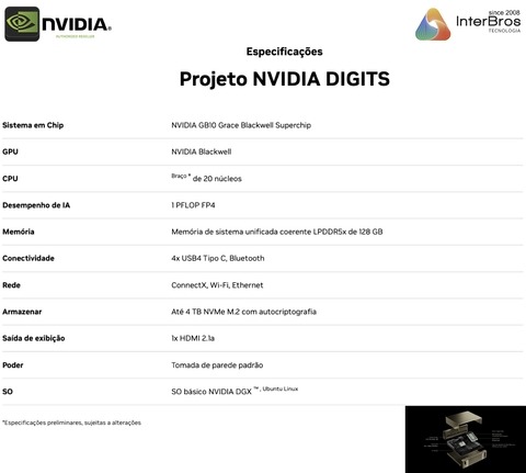 NVIDIA Project Digits Desktop, GB10 Grace Blackwell Superchip, 32GB RAM , 4TB of NVMe - comprar online