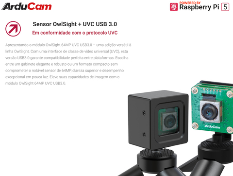 Arducam 64MP Motorized Focus USB 3.0 Camera Module , Raspberry Pi 5 , com Case , B0475C - loja online