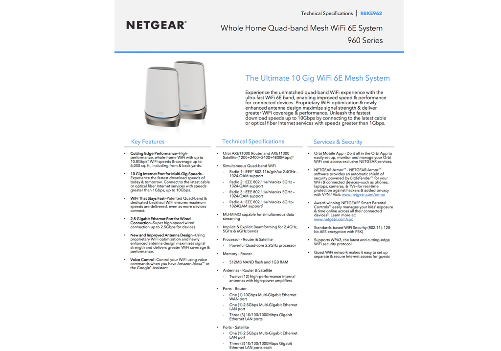 Netgear Orbi 900 Series Quad-Band l WiFi 6e Mesh 10.8Gbps RBKE964 , RBKE963, RBKE962, RBSE960, Até 200 Dispositivos en internet