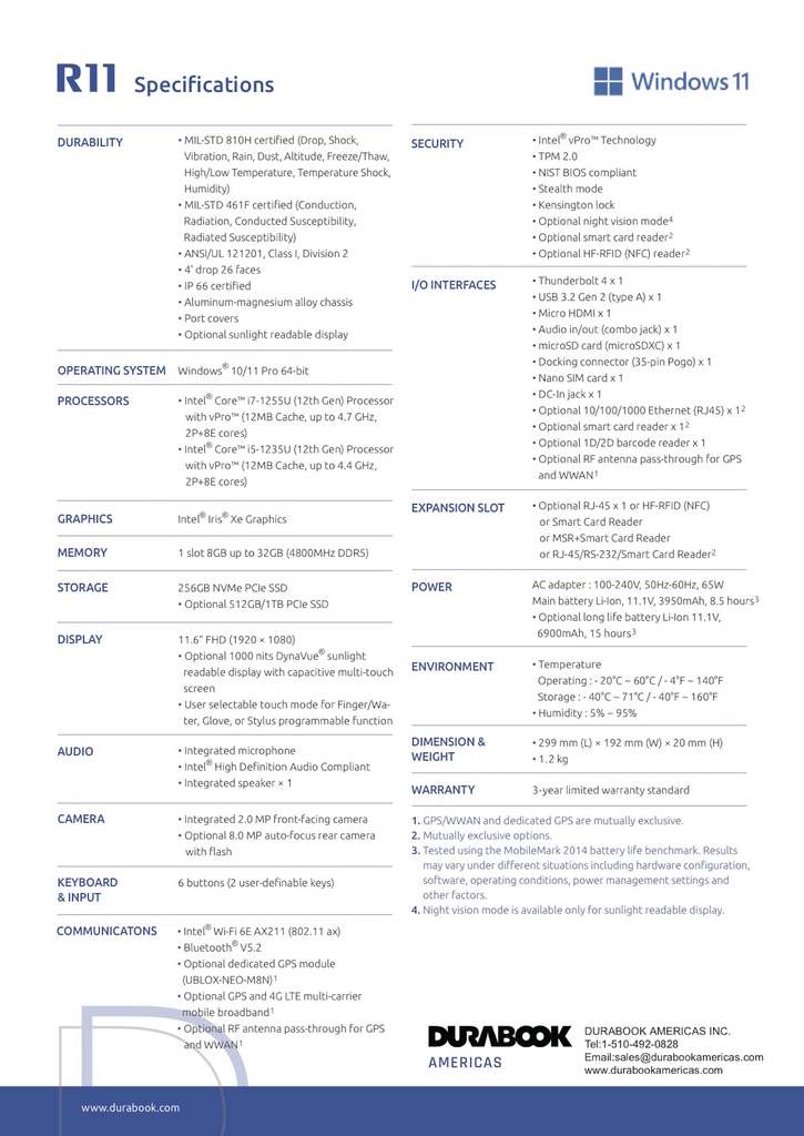 Durabook l R8 Rugged Tablet l Tablete Industrial Robusto l Elegante e Super Compacto l Formato de bolso l 8.0” (1280 x 800) LCD DynaVue® SR display com 800 nits l Personalizável l Projetado para os ambientes mais severos l Peça um orçamento - buy online