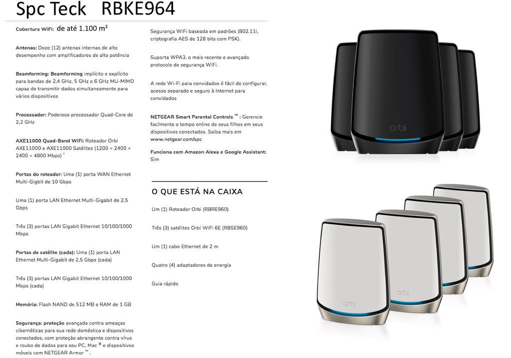 Netgear Orbi 900 Series Quad-Band l WiFi 6e Mesh 10.8Gbps RBKE964 , RBKE963, RBKE962, RBSE960, Até 200 Dispositivos - tienda online