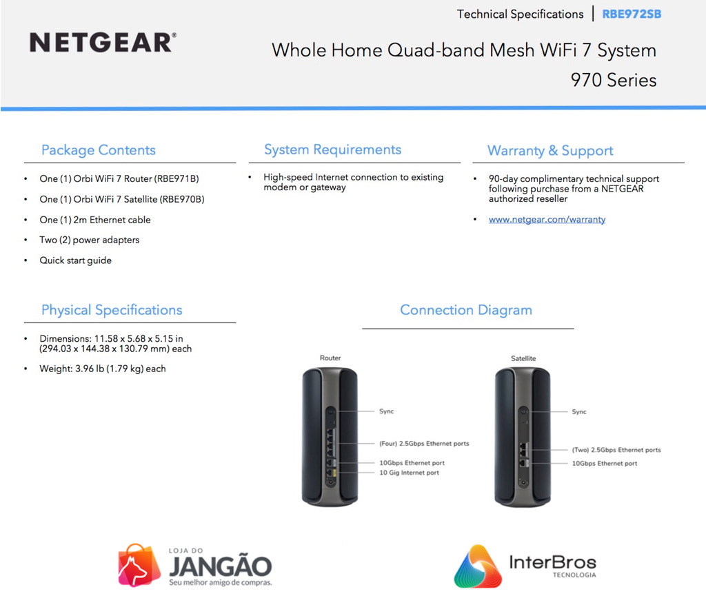 NETGEAR Orbi 970 Series Quad-Band WiFi 7 Mesh Network System RBE972S, 10 Gig Internet Port, BE27000 , 610m² na internet