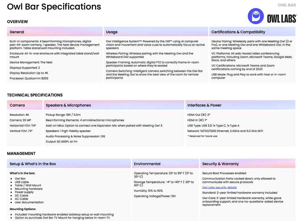 Owl Labs Meeting Owl 3 360° 1080p + OWL BAR 4K Frontal , Sistema Multi-Câmera de Videoconferência Inteligente - buy online