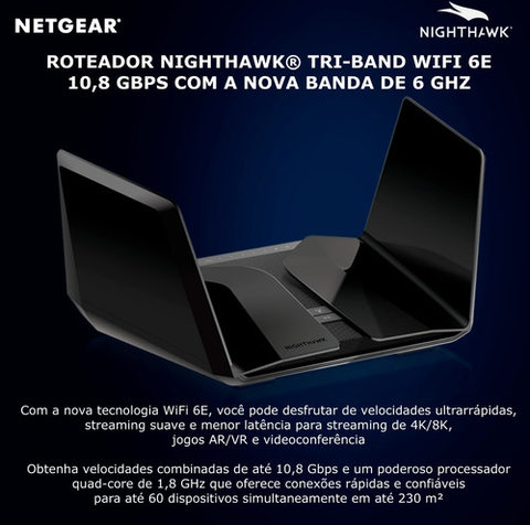 Netgear RAXE500 Nighthawk AXE11000 Roteador Tri Band Até 10,8 Gbps | Nova Banda de 6 GHz | Cobertura de até 325m² | 60 Dispositivos - comprar online