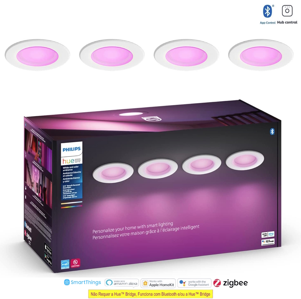 Philips Hue White and Color Ambiance Bluetooth | Dimmable LED Smart Retrofit Recessed Downlight 5/6" l 2ª Geração | Luminária Spot de Teto de Embutir l Fluxo Luminoso 1,100 lumens | Luminária Spot de Teto de Embutir | Compatível com a Alexa, Apple Homekit & Google Assistant | 4-Pack