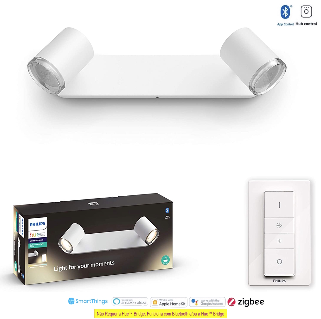 Philips Hue White Ambiance Adore Bathroom l Bluetooth l Smart Ceiling Light 2 Spots l Luminária Spot de Parede para Banheiros l Funciona com Bluetooth e/ou com a Hue Bridge