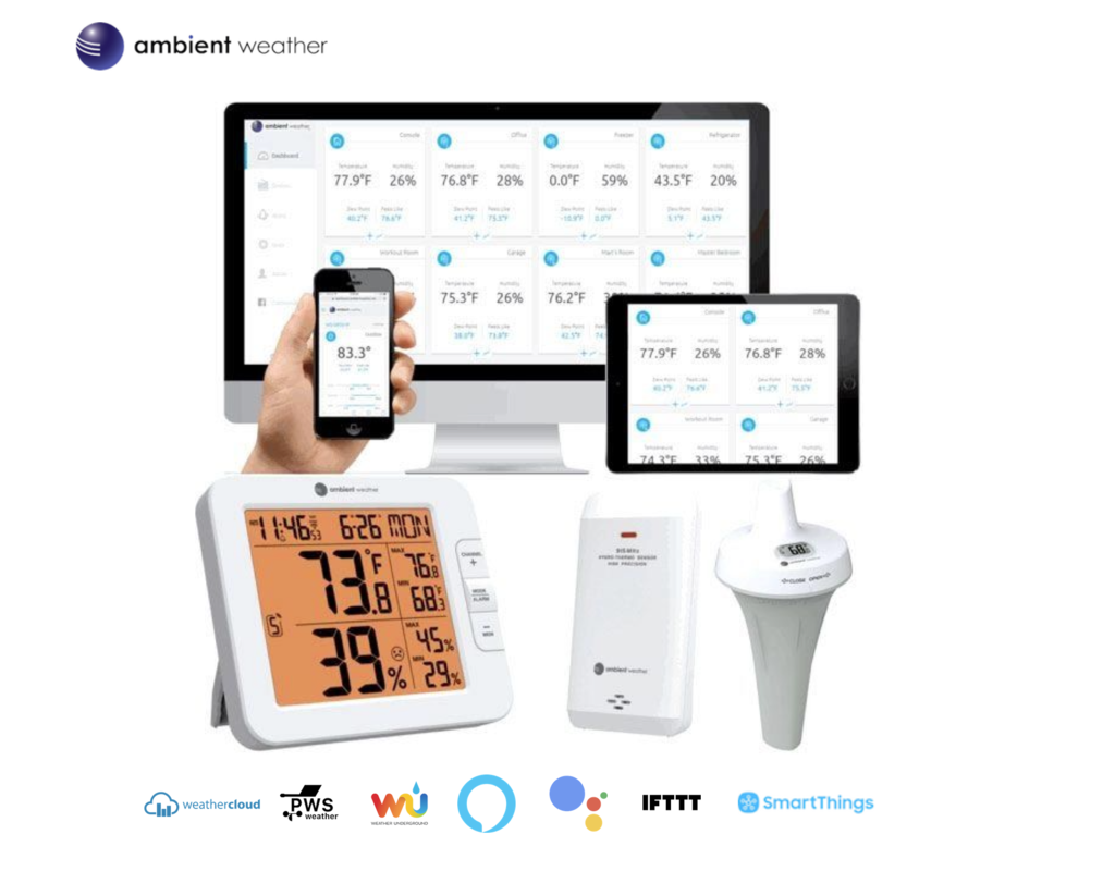 Ambient Weather Estação Meteorológica WiFi Controle Remoto para Piscinas e SPA com Termômetro Flutuante + Higrômetro Sem Fio Externo/Interno Compatível com Alexa