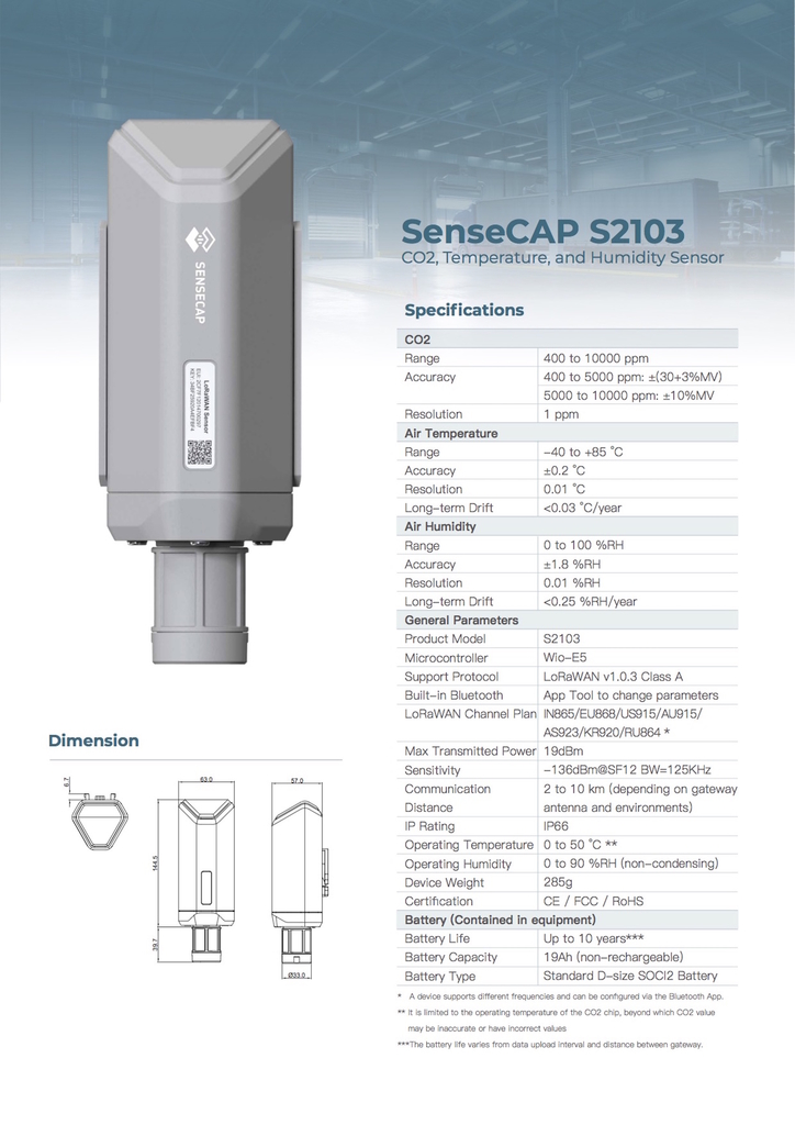 SenseCAP S2103 LoRaWAN CO2 Sensor de Qualidade do Ar, Medidor de CO2, Emissão de Carbono, Temperatura e Umidade Indoor & Outdoor na internet