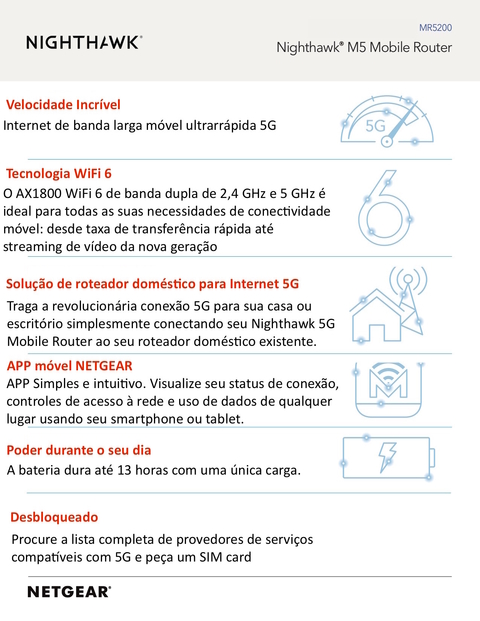 Netgear Nighthawk M5 5G WiFi 6 Mobile Router Unlocked l Hotspot Roteador Móvel | Ultrarrápido 5G | Desbloqueado para todas as Operadoras | Conecta até 32 Dispositivos Sim card não incluído l Conecta até 32 Dispositivos l Ativado para Uso Doméstico ou Comercial l Bateria Adicional e Antena opcional também disponíveis - buy online