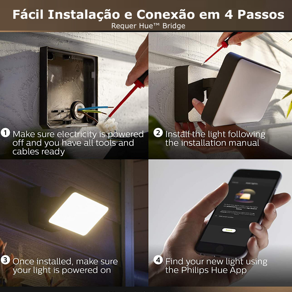 Philips Hue Discover Outdoor Floodlight + Hue Dusk-to-Dawn Sensor de Movimento Outdoor l Luminária de Parede l Projetor de Segurança l Poderoso Fluxo Luminoso 2.300 lumen l LED Integrado l Compatível com a Alexa, Apple Homekit & Google Assistant | Requer Hue Bridge - Loja do Jangão - InterBros