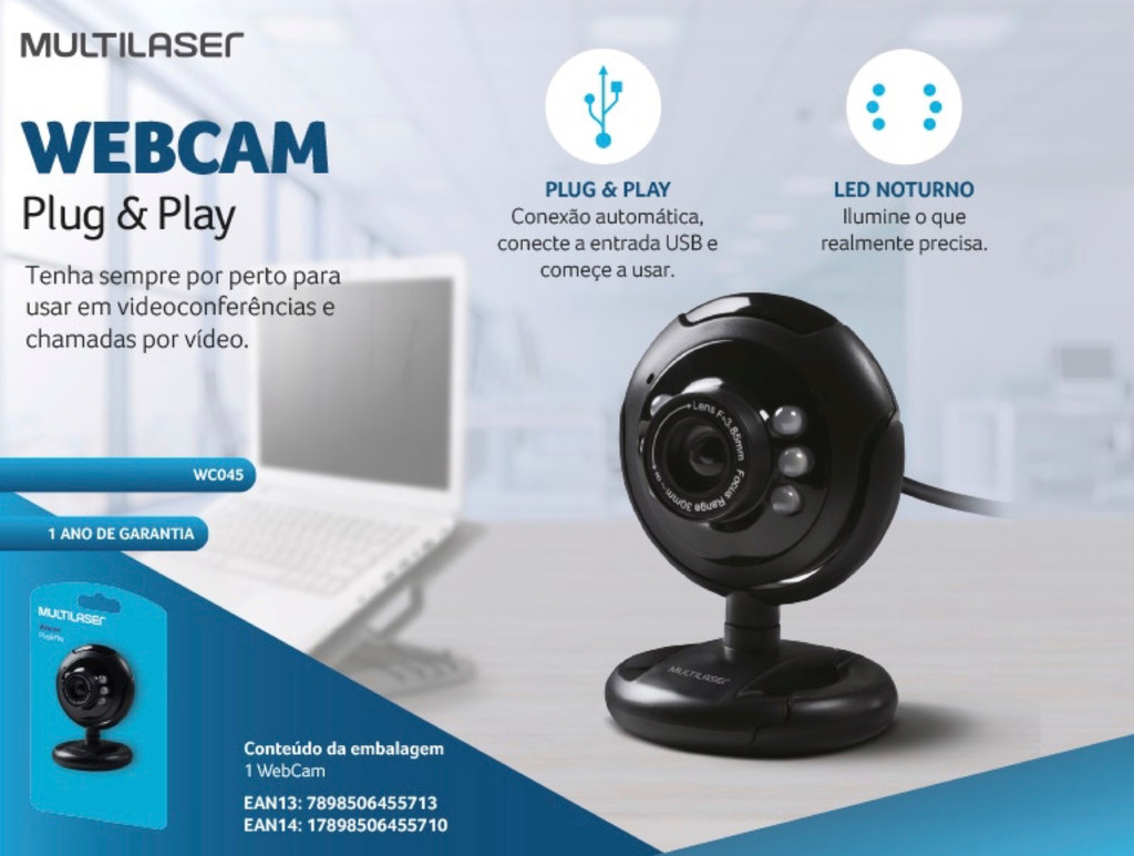 Multilaser Webcam Standard 480p 30Fps Led Noturno c/ Botão Snapshot Microfone Conexão Usb Preto - WC045 - buy online