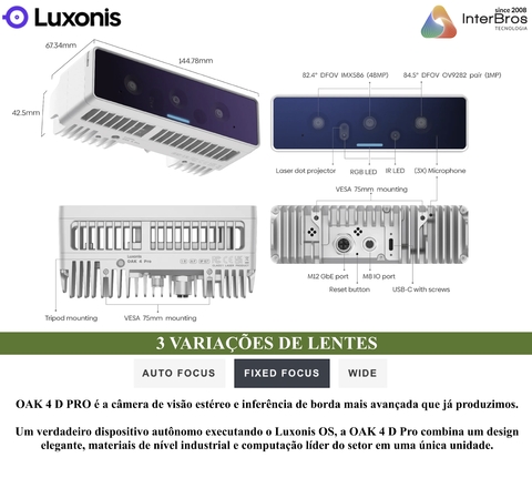 Luxonis OAK 4 D PRO , 48MP , IMX586 , RGB camera , Visão Robótica Noturna , Sistemas Automatizados , Wide Focus - comprar online