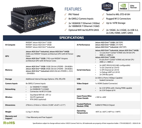 Connect Tech Anvil-RX Rugged System , NVIDIA Jetson AGX Orin , IP67 , 8x GMSL2 Camera Inputs, 2x 10GbE, 2x 2.5Gb , EESG635 - comprar online