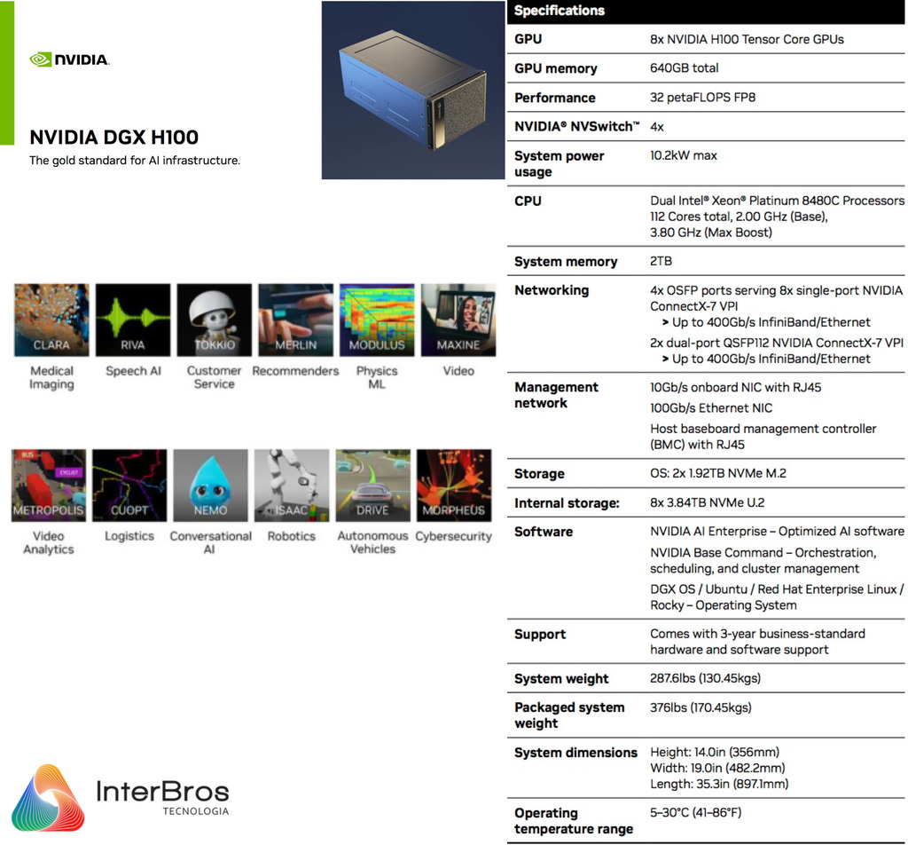 NVIDIA DGX H100 640GB SXM5 , Deep Learning Console , with AI Suite , DGXH-G640F+P2EDI36 - Loja do Jangão - InterBros