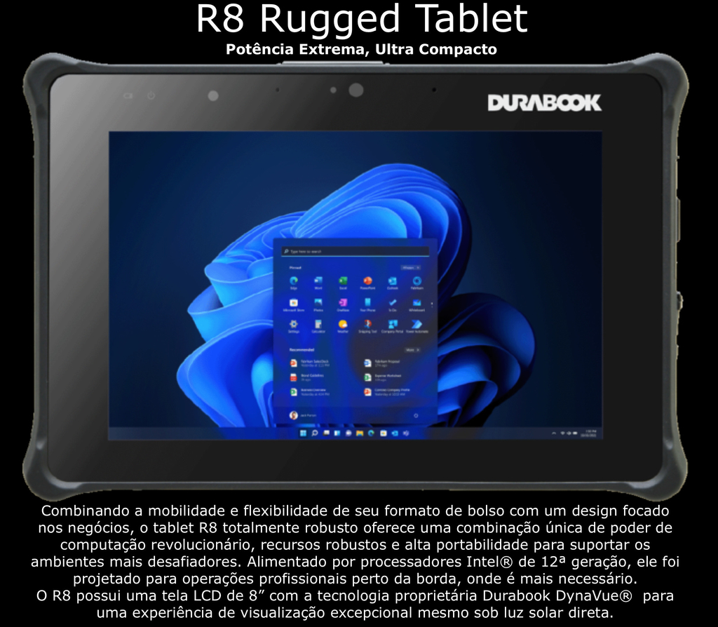 Durabook l R11 Rugged Tablet l Tablete Industrial Robusto l Elegante e Compacto l 1.6” FHD (1920 x 1080) LCD l Até 1.000 nits l Personalizável l Projetado para os ambientes mais severos l Peça um orçamento en internet