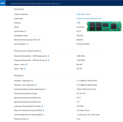 Intel 670P NVME M.2 | Internal SSD | Velocidades de até 3500 MB/s | 2TB on internet