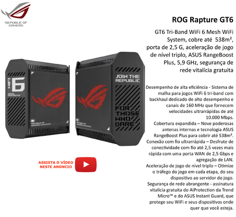 ASUS Republic of Gamers Rapture GT6 AX10000 Wireless Tri-Band Gigabit Mesh Wi-Fi System 538 m² en internet