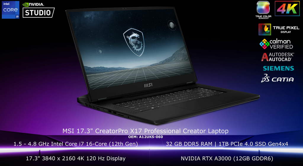 MSI CreatorPro X17 17.3" Professional Creator Laptop l Estação de Trabalho Poderosa l Orientada para o Desempenho l 1.5 - 4.8 GHz Intel Core i7 12800 HX 16-Cores (12th Gen) l 17.3" 3840 x 2160 4K 120 Hz Display l 32 GB DDR5 RAM | 1TB PCIe 4.0 SSD Gen4x4 l NVIDIA RTX A3000 (12GB GDDR6) l Solução de Alto Nível l Arquitetos, Programadores , Designers, Engenharia e Criação aeroespacial, IA, VR, Simulação CAE e Renderizações 3D l A12UKS-060 - comprar online