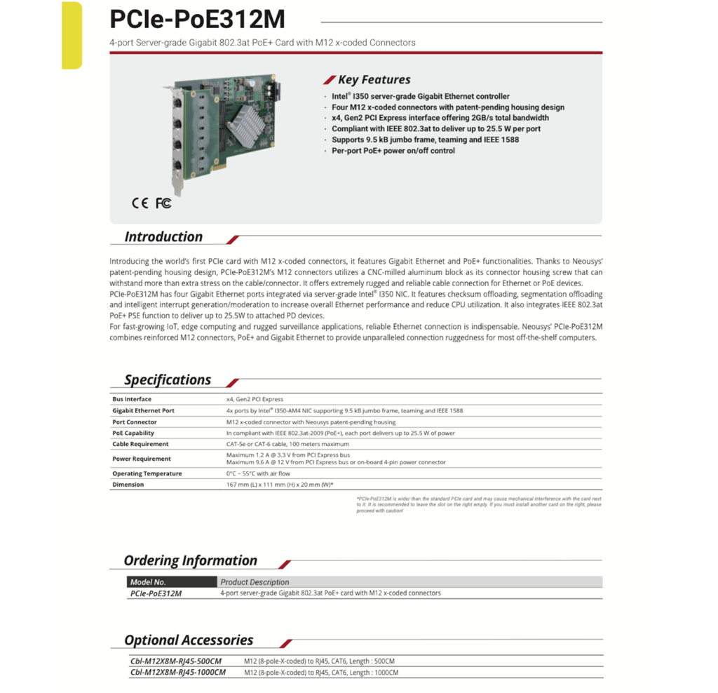 Neousys PCIe-PoE312M | 4-port Server-grade Gigabit | 802.3at PoE+ Card | with M12 x-coded Connectors - comprar online