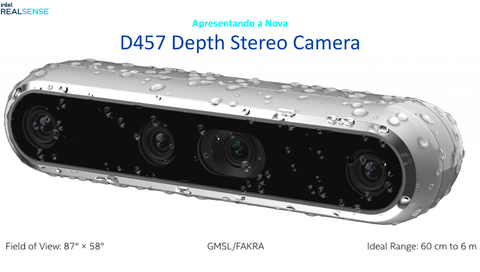 Intel RealSense Stereo Depth 3D Camera D457 l IP65 a prova de poeira e água l Interface GMSL/FAKRA l IMU integrado l Projetada para Robôs autônomos en internet