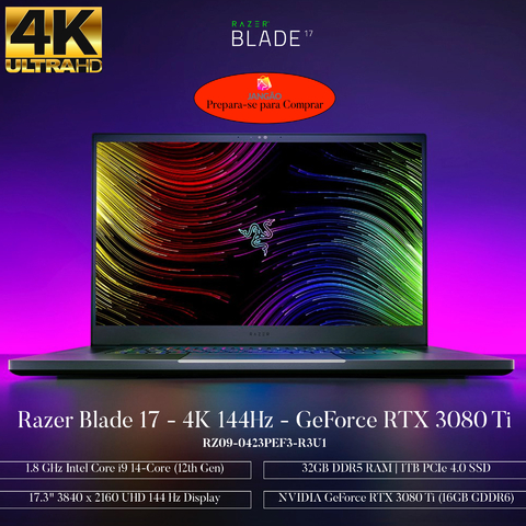 Razer 17.3" l Razer Blade 17 Gaming Laptop l 1.8 GHz Intel Core i9 14-Core (12th Gen) l 4K IPS-Grade l 17.3" 3840 x 2160 UHD 144 Hz Display l 32GB DDR5 RAM | 1TB PCIe 4.0 SSD l NVIDIA GeForce RTX 3080 Ti (16GB GDDR6) l RZ09-0423PEF3-R3U en internet