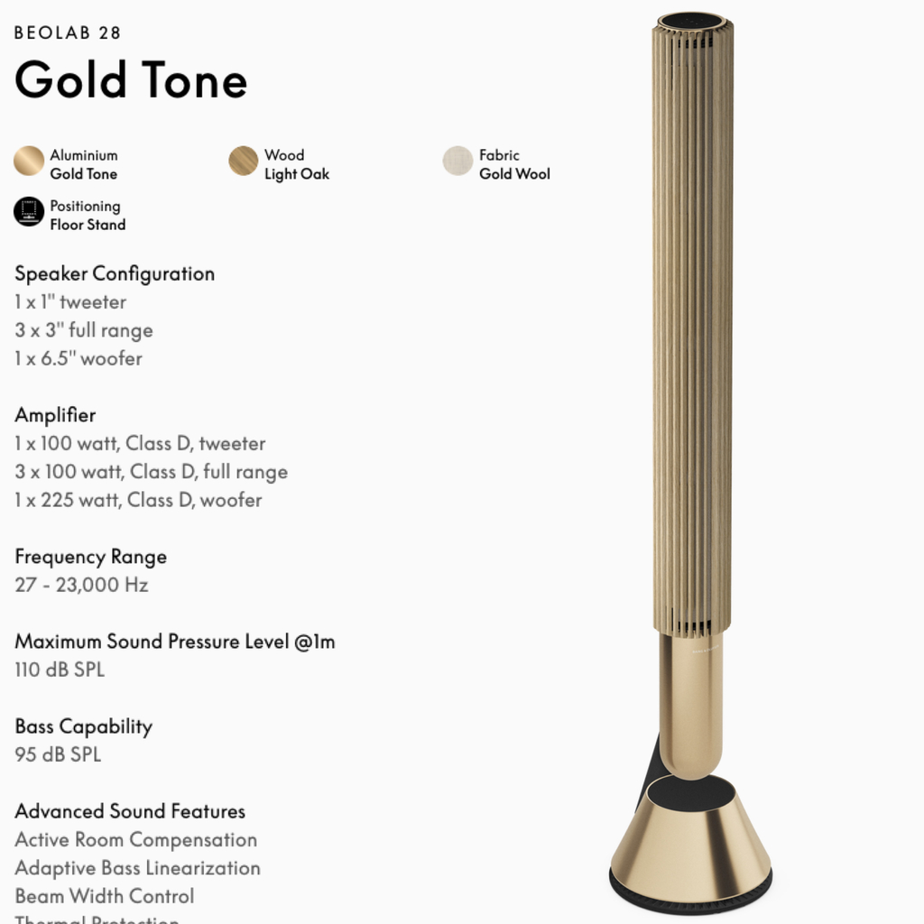 Bang & Olufsen Beolab 28 l Gold Oak l Wireless Stereo Speakers for Home Cinema l Som Estéreo de Grau de Estúdio l Aparências Elegantes l Grave Poderoso l 1.250 Watts l Wi-Fi & Bluetooth l Chromecast & Google Assistant Integrados l Compatível com Apple 2 & Spotify Connect l Recomendado para áreas de 15m² até 50m²