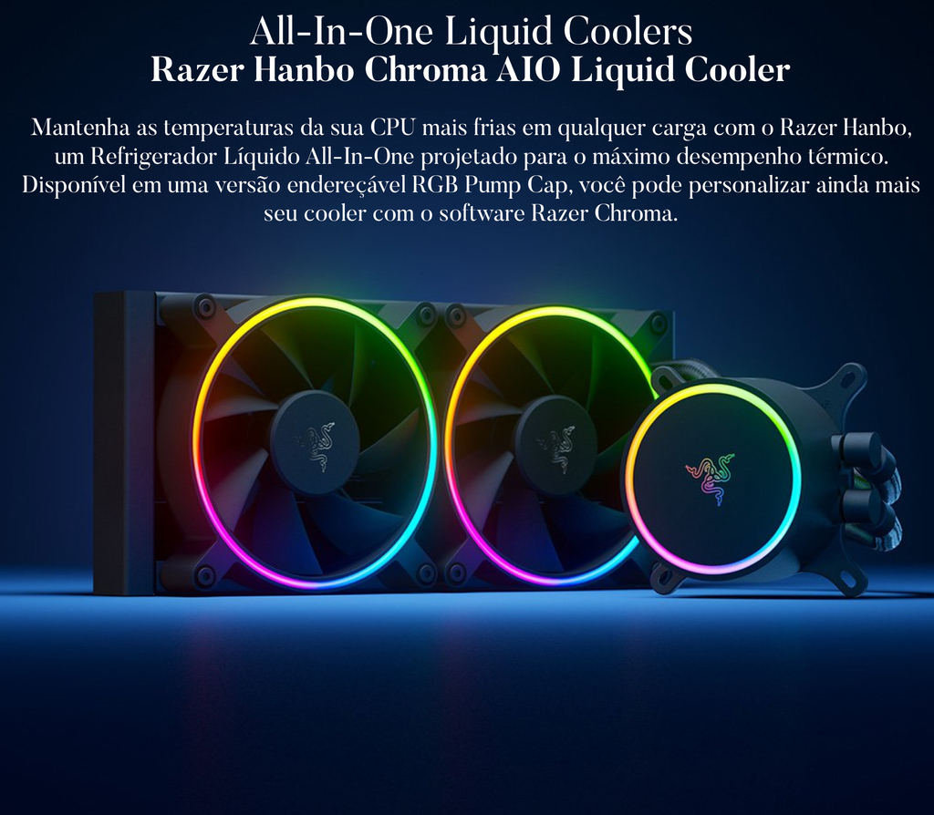 Imagen de Razer Hanbo Chroma RGB l All-In-One Liquid Cooler l aRGB Pump Cap l Ventiladores aRGB silenciosos e potentes l Resfriamento líquido silencioso e eficiente l Suporte ao controlador Pulse Width Modulation l Escolha 240mm ou 360mm